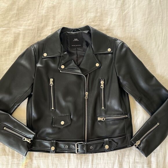 Zara Vegan Leather black belted Jacket women’s Medium - Picture 8 of 9